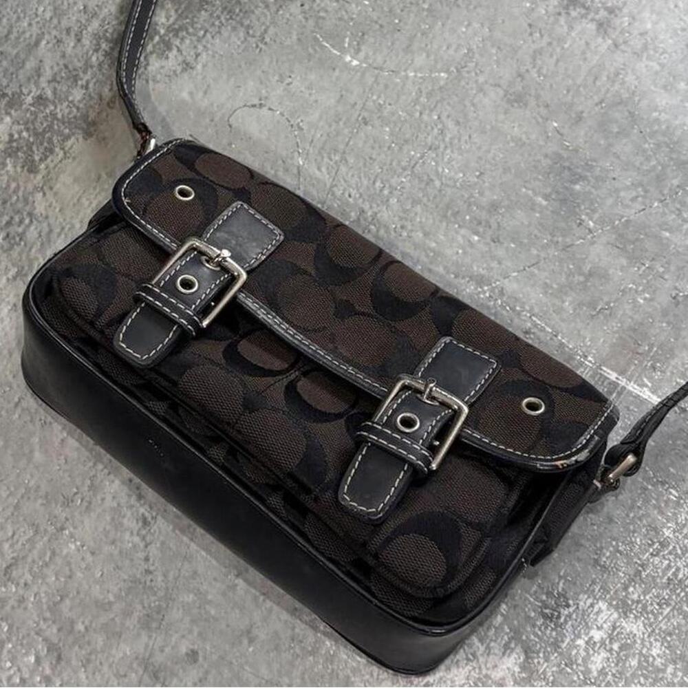 Vintage 2000s Coach Brown & Black Canvas Leather Crossbody Satchel Field Bag.